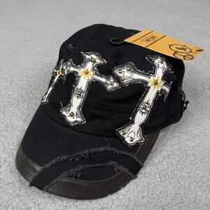 Angela William Cadet Hat Cap Black Cross Distressed Military Religious Goth NWT